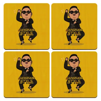 PSY - GANGNAM STYLE, ΣΕΤ x4 Σουβέρ ξύλινα τετράγωνα plywood (9cm)