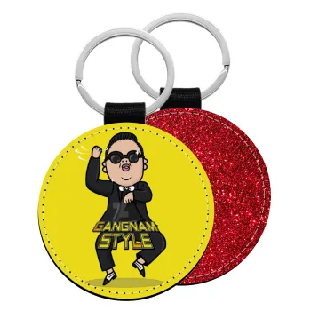 PSY - GANGNAM STYLE, Μπρελόκ Δερματίνη, στρογγυλό ΚΟΚΚΙΝΟ (5cm)