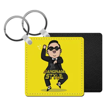 PSY - GANGNAM STYLE, Μπρελόκ Δερματίνη, τετράγωνο ΜΑΥΡΟ (5x5cm)