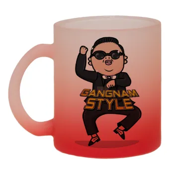 PSY - GANGNAM STYLE, Κούπα γυάλινη δίχρωμη με βάση το κόκκινο ματ, 330ml
