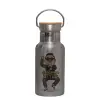 Stainless steel metallic thermos flask, silver with a bamboo lid, double-walled, 350ml.