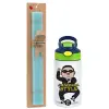 Easter Set, Children's thermal stainless steel bottle with safety straw, green/blue (350ml) & aromatic flat Easter candle (30cm) (TURQUOISE)