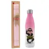 Easter Set, Metallic pink/white (Stainless steel) thermos, double-walled, 500ml & aromatic flat Easter candle (30cm) (PINK)