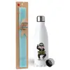 Easter Set, metallic stainless steel water bottle (750ml) & aromatic flat Easter candle (30cm) (TURQUOISE)