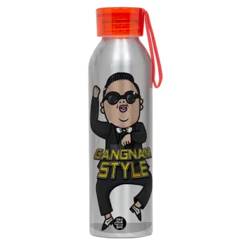 PSY - GANGNAM STYLE, Αλουμινένιο Αθλητικό Μπουκάλι 650ml – Ασημί με Κόκκινο Καπάκι και Λουράκι Σιλικόνης