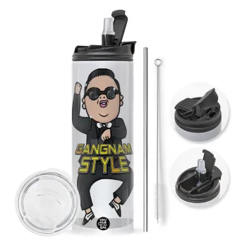 PSY - GANGNAM STYLE, Travel Tumbler 2 Lids, with metal straw & cleaning brush (Stainless steel 304 Food grade, BPA free, 600ml)