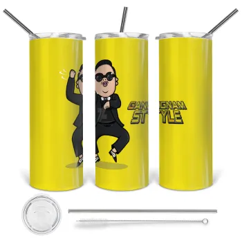 PSY - GANGNAM STYLE, Tumbler ποτήρι θερμό από ανοξείδωτο ατσάλι 600ml, με μεταλλικό καλαμάκι & βούρτσα καθαρισμού