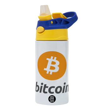 Bitcoin, Children's hot water bottle, stainless steel, with safety straw, green, blue (360ml) BPA FREE