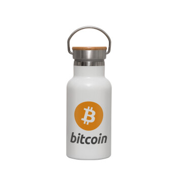 Bitcoin, Metallic thermos (Stainless steel) White with wooden lid (bamboo), double-walled, 350ml