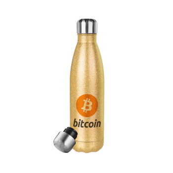 Bitcoin, Μεταλλικό παγούρι θερμός Glitter χρυσό (Stainless steel), διπλού τοιχώματος, 500ml