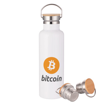 Bitcoin, Stainless steel White with wooden lid (bamboo), double wall, 750ml