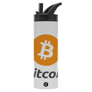 Bitcoin, Metallic thermos bottle with straw & handle, stainless steel (Stainless steel 304), double-walled, 600ml.