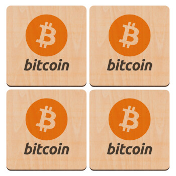 Bitcoin, ΣΕΤ x4 Σουβέρ ξύλινα τετράγωνα plywood (9cm)