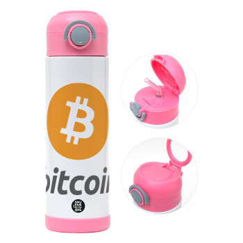 Bitcoin, Children's hot water bottle, stainless steel, with safety straw, PINK (500ml)