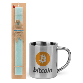 Bitcoin, Easter Set, metallic thermal cup (300ml) & aromatic flat Easter candle (30cm) (TURQUOISE)