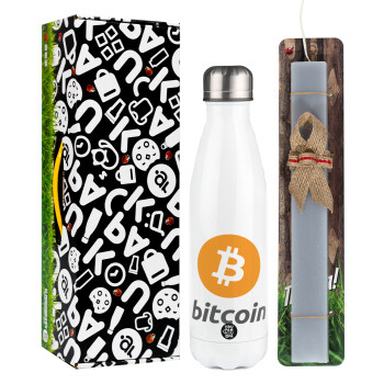 Bitcoin, Easter candle, metallic white thermos bottle (500ml) & aromatic flat candle (30cm) (GRAY)