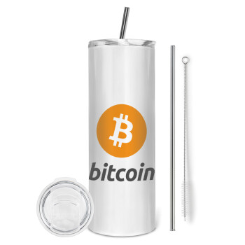Bitcoin, Eco friendly ποτήρι θερμό (tumbler) από ανοξείδωτο ατσάλι 600ml, με μεταλλικό καλαμάκι & βούρτσα καθαρισμού