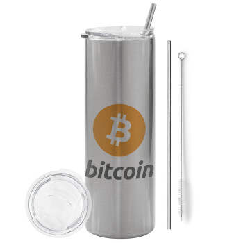 Bitcoin, Eco friendly ποτήρι θερμό Ασημένιο (tumbler) από ανοξείδωτο ατσάλι 600ml, με μεταλλικό καλαμάκι & βούρτσα καθαρισμού