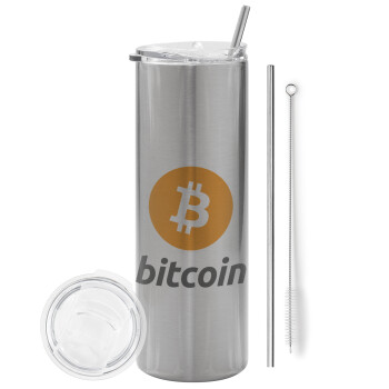 Bitcoin, Tumbler stainless steel Silver 600ml, with metal straw & cleaning brush
