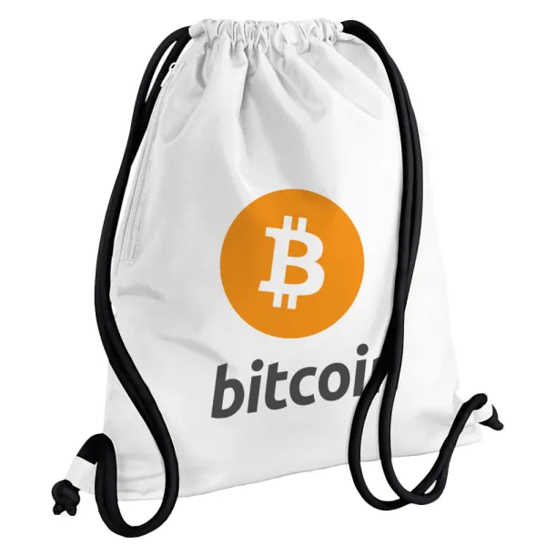 Bitcoin — Τσάντα πλάτης πουγκί GYMBAG λευκή, με τσέπη (40x48cm) & χονδρά κορδόνια
