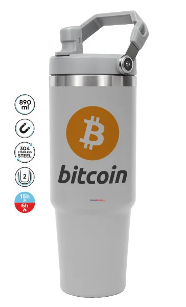 Bitcoin — ΓΚΡΙ Travel Tumbler Θερμός με χερούλι και καλαμάκι 890ml