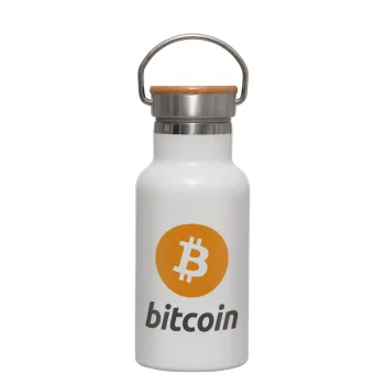 Bitcoin, Metallic thermos (Stainless steel) White with wooden lid (bamboo), double-walled, 350ml