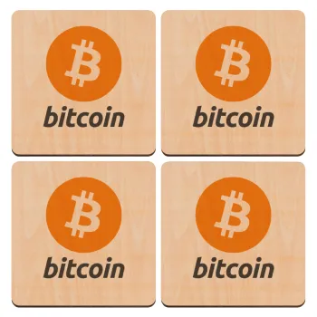 Bitcoin, ΣΕΤ x4 Σουβέρ ξύλινα τετράγωνα plywood (9cm)