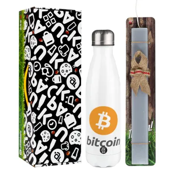 Bitcoin, Easter candle, metallic white thermos bottle (500ml) & aromatic flat candle (30cm) (GRAY)