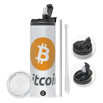 Bitcoin, Travel Tumbler θερμό με διπλό καπάκι, μεταλλικό καλαμάκι και βούρτσα καθαρισμού (Ανωξείδωτο 304 Food grade, BPA free, 600ml)