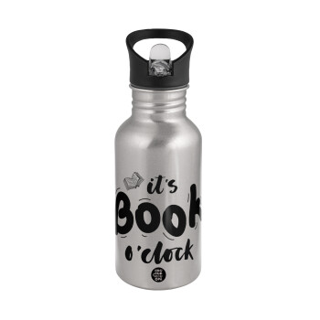 It's Book O'Clock, Water bottle Silver with straw, stainless steel 500ml