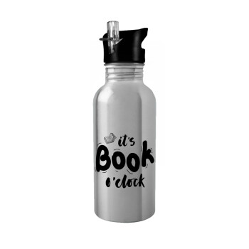 It's Book O'Clock, Water bottle Silver with straw, stainless steel 600ml