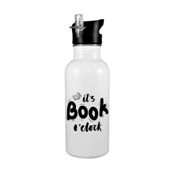 It's Book O'Clock, White water bottle with straw, stainless steel 600ml