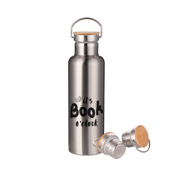It's Book O'Clock, Stainless steel Silver with wooden lid (bamboo), double wall, 750ml