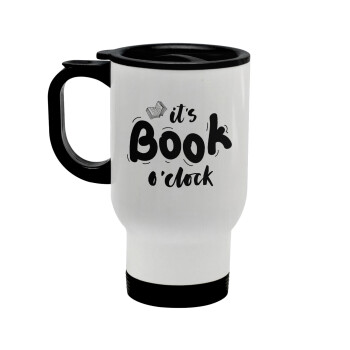 It's Book O'Clock, Stainless steel travel mug with lid, double wall white 450ml