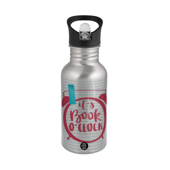 It's Book O'Clock lines, Water bottle Silver with straw, stainless steel 500ml