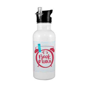 It's Book O'Clock lines, White water bottle with straw, stainless steel 600ml
