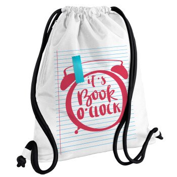 It's Book O'Clock lines, Τσάντα πλάτης πουγκί GYMBAG λευκή, με τσέπη (40x48cm) & χονδρά κορδόνια