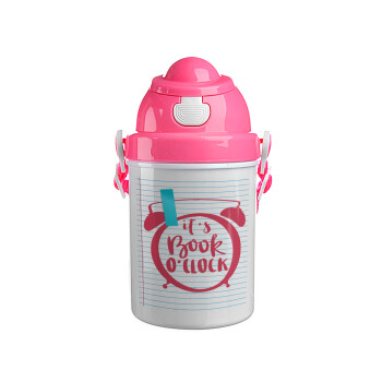 It's Book O'Clock lines, Ροζ παιδικό παγούρι πλαστικό (BPA-FREE) με καπάκι ασφαλείας, κορδόνι και καλαμάκι, 400ml