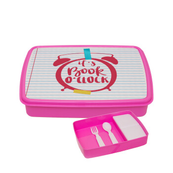 It's Book O'Clock lines, ΡΟΖ παιδικό δοχείο φαγητού πλαστικό με παιδικά μαχαιροπίρουρα & 2 εσωτερικά δοχεία (BPA-FREE) Lunch Βox M23 x Π18 x Υ4cm