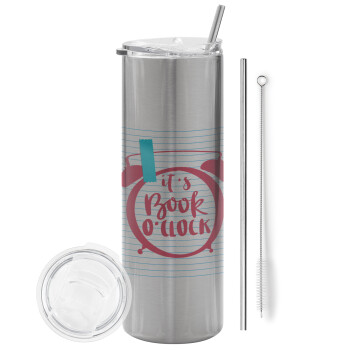 It's Book O'Clock lines, Eco friendly stainless steel Silver tumbler 600ml, with metal straw & cleaning brush