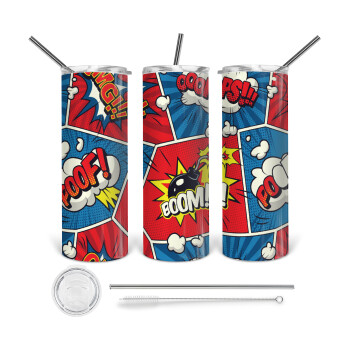 Comic boom!, 360 Eco friendly stainless steel tumbler 600ml, with metal straw & cleaning brush