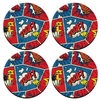 Comic boom!, SET of 4 round wooden coasters (9cm)