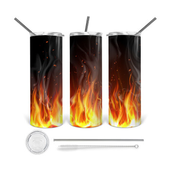 Fire&Flames, 360 Eco friendly ποτήρι θερμό (tumbler) από ανοξείδωτο ατσάλι 600ml, με μεταλλικό καλαμάκι & βούρτσα καθαρισμού