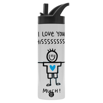 I Love you thissss much (boy)..., Metallic thermos bottle with straw & handle, stainless steel (Stainless steel 304), double-walled, 600ml.