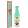 Easter Set, Metallic green/white thermos (Stainless steel), double-walled, 500ml & scented flat Easter candle (30cm) (TURQUOISE)