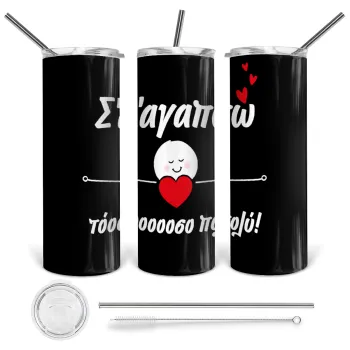 Σ΄αγαπώ τόοοοσο πολύ (Κορίτσι)!!!, Tumbler stainless steel 600ml, with metal straw & cleaning brush