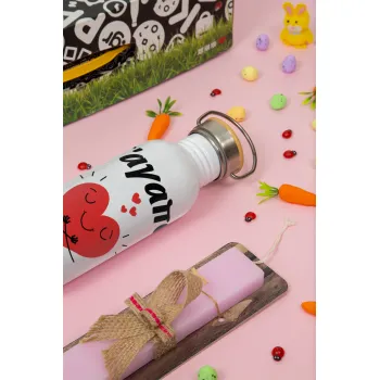 Σ΄αγαπώ τόοοοσο πολύ καρδιά, Πασχαλινή Λαμπάδα με παγούρι μεταλλικό (620ml, stainless steel) & κερί αρωματικό πλακέ (30cm) (ΡΟΖ)