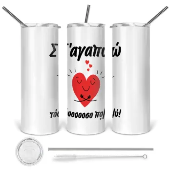 Σ΄αγαπώ τόοοοσο πολύ καρδιά, Tumbler stainless steel 600ml, with metal straw & cleaning brush