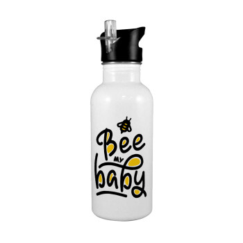 Bee my BABY!!!, White water bottle with straw, stainless steel 600ml