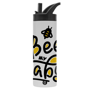 Bee my BABY!!!, Μεταλλικό παγούρι θερμός με καλαμάκι & χειρολαβή, ανοξείδωτο ατσάλι (Stainless steel 304), διπλού τοιχώματος, 600ml